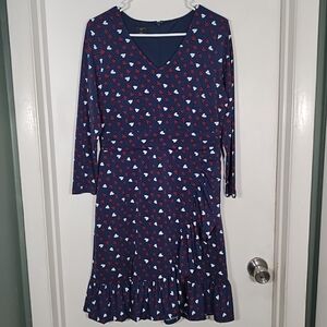 Talbots Petite Womens 8 Dress Navy Blue Heart  Ruffle Faux Wrap A-Line Stretch